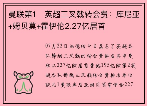 曼联第1❗英超三叉戟转会费：库尼亚+姆贝莫+霍伊伦2.27亿居首